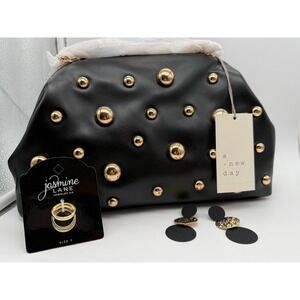 A New Day Black Studded Clutch Bag Bundle with Jasmine Lane Rings and‎ Earrings